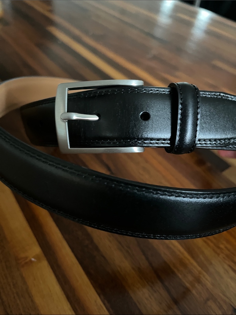 Lands’ End Black Leather Belt Sz 54 60” Long Silver Buckle Big & Tall